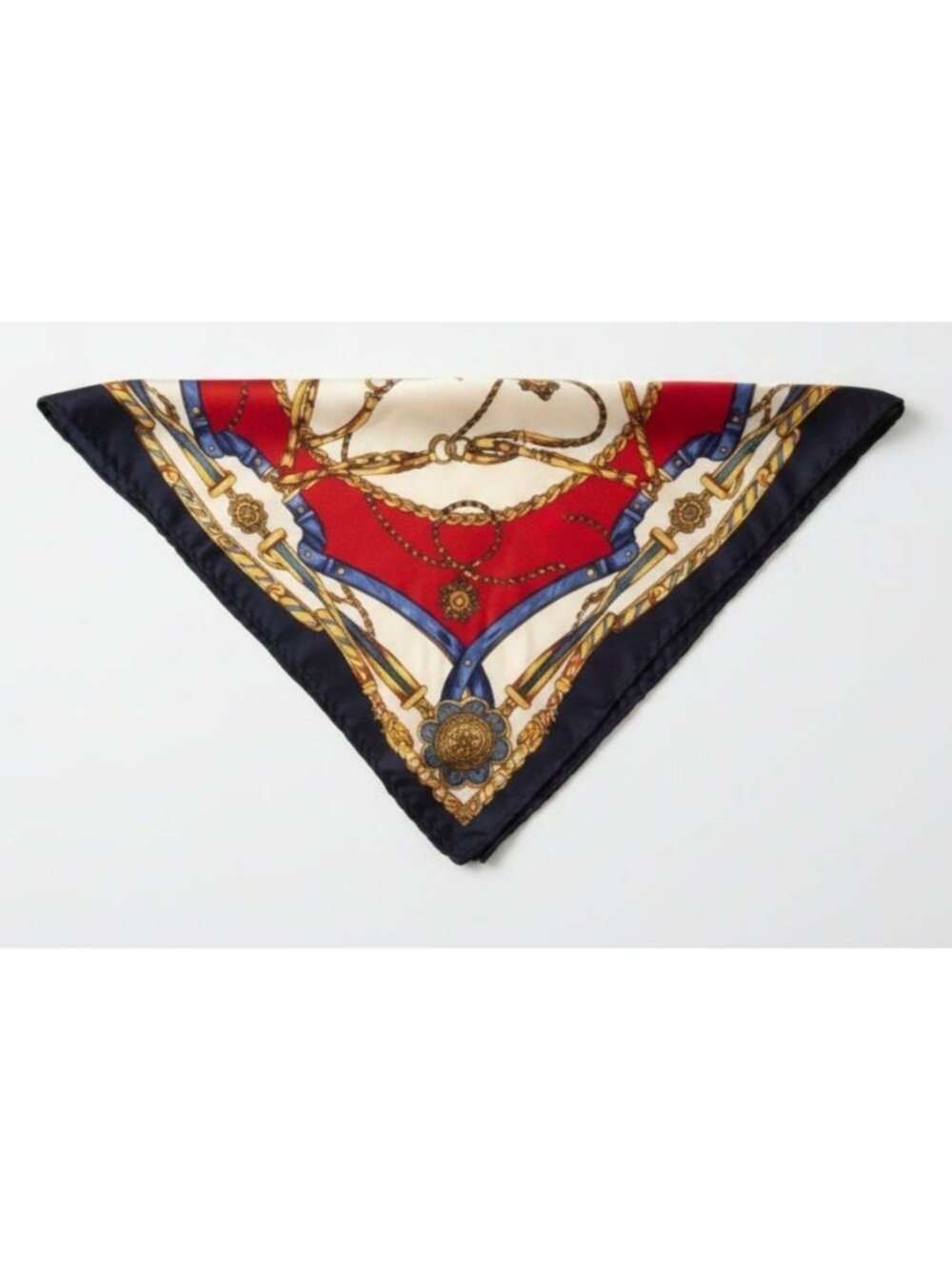 Regency Equestrian Chain Satin Scarf Red Navy Gold Cream 20x20 - Picture 6 of 8